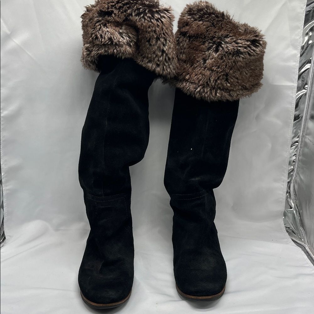 Sam Endelman Orlando Black Suede Faux Fur Fold Over Knee High Boots